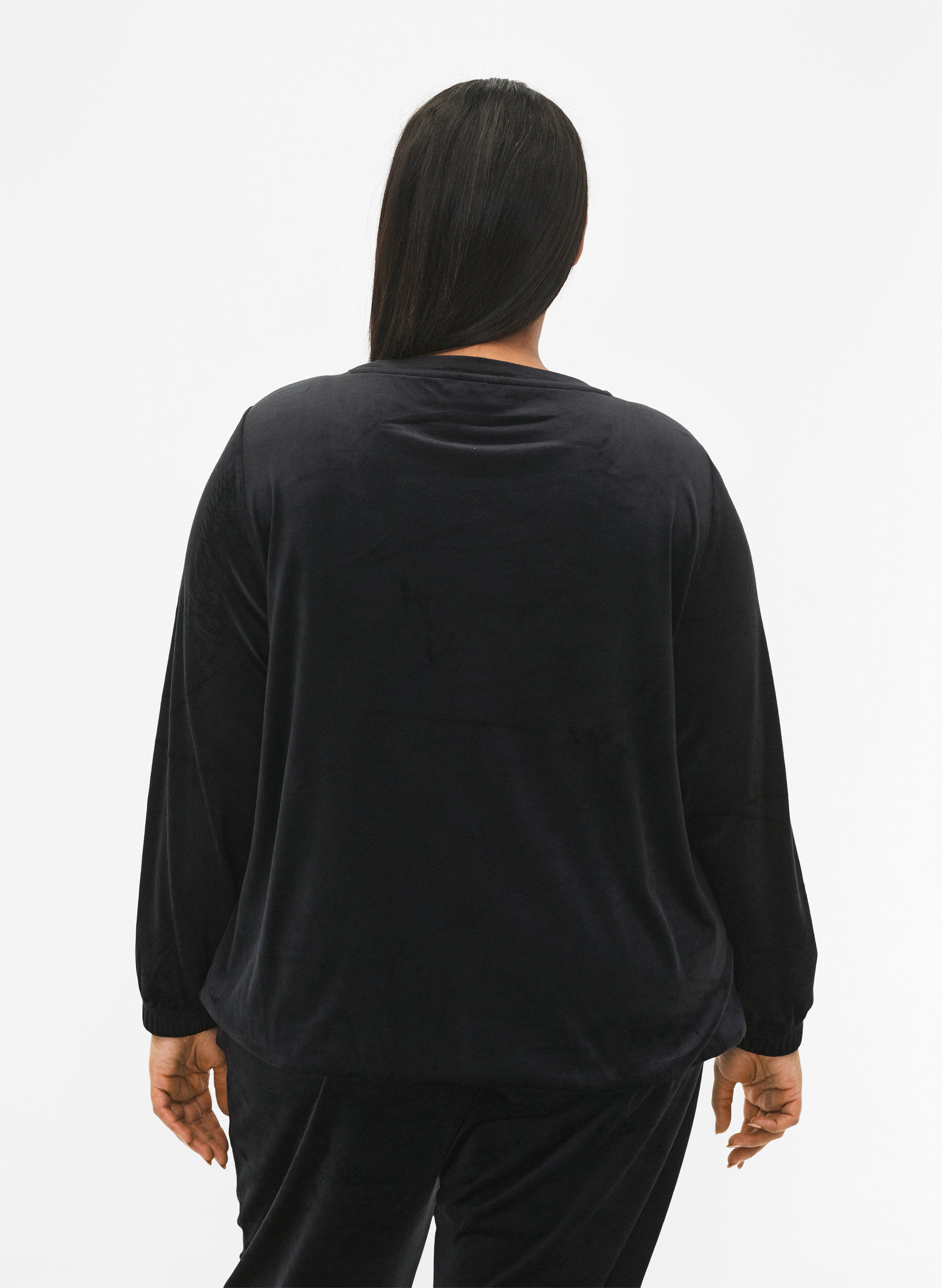 Zizzi Blouse en velours avec texte brod&eacute;, Black, Model image number 1