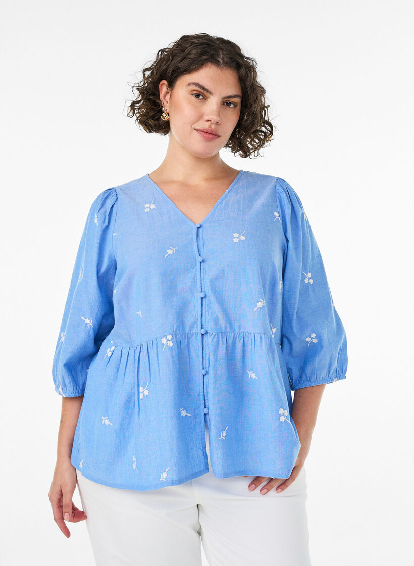 Katoenen blouse met geborduurde bloemen en knoopsluiting, Blauw, Model image number 0