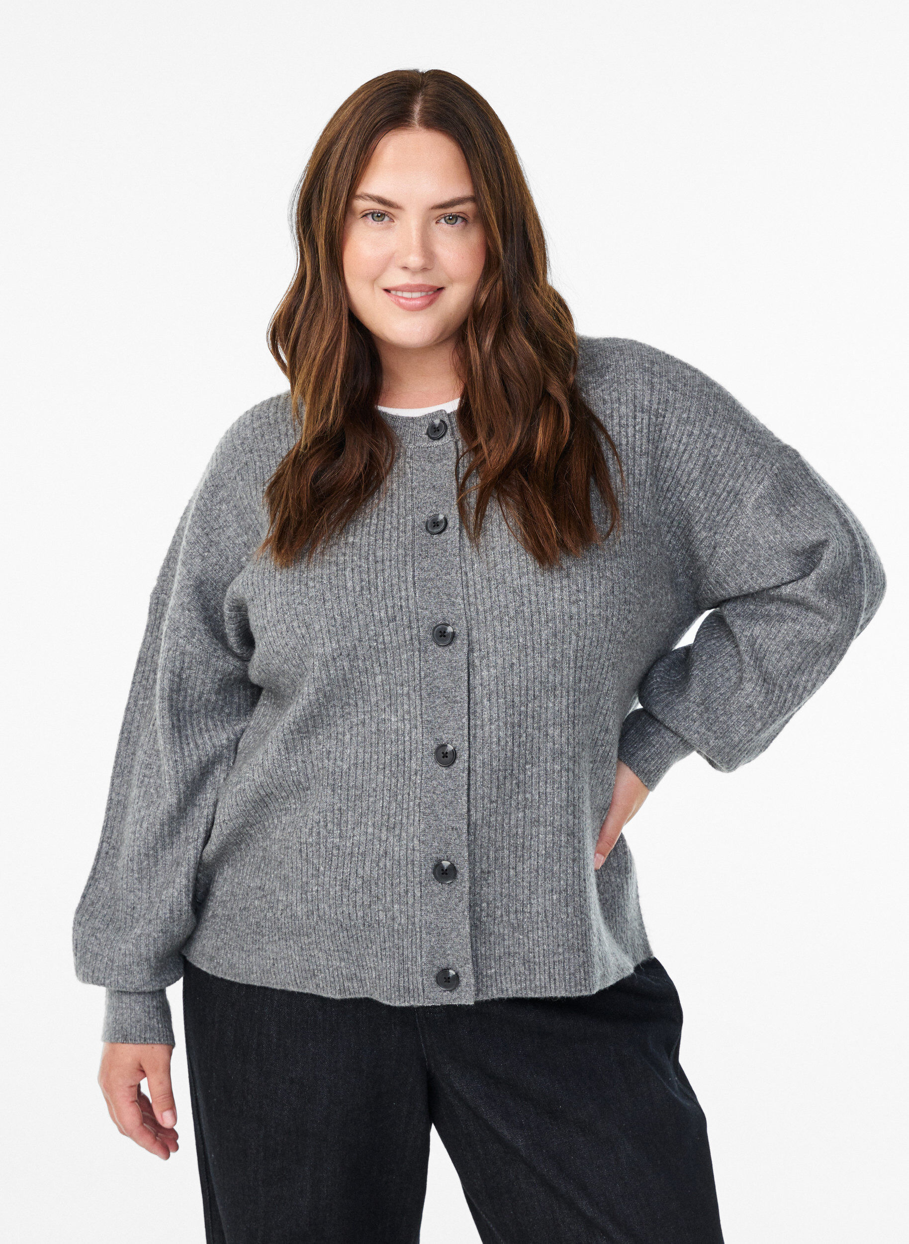 Cardigan en tricot c&ocirc;tel&eacute; avec boutons, Gris, Model