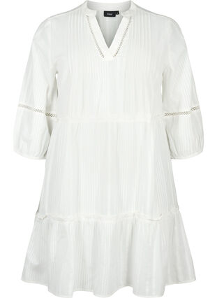 Katoenen jurk met 3/4 mouwen en ruches, Bright White, Packshot image number 0