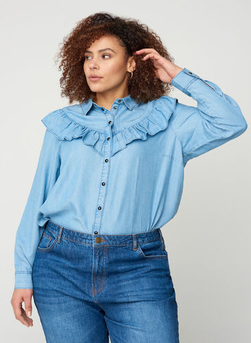 Lyocell denim blouse met ruches, Light blue denim ASS, Model image number 0