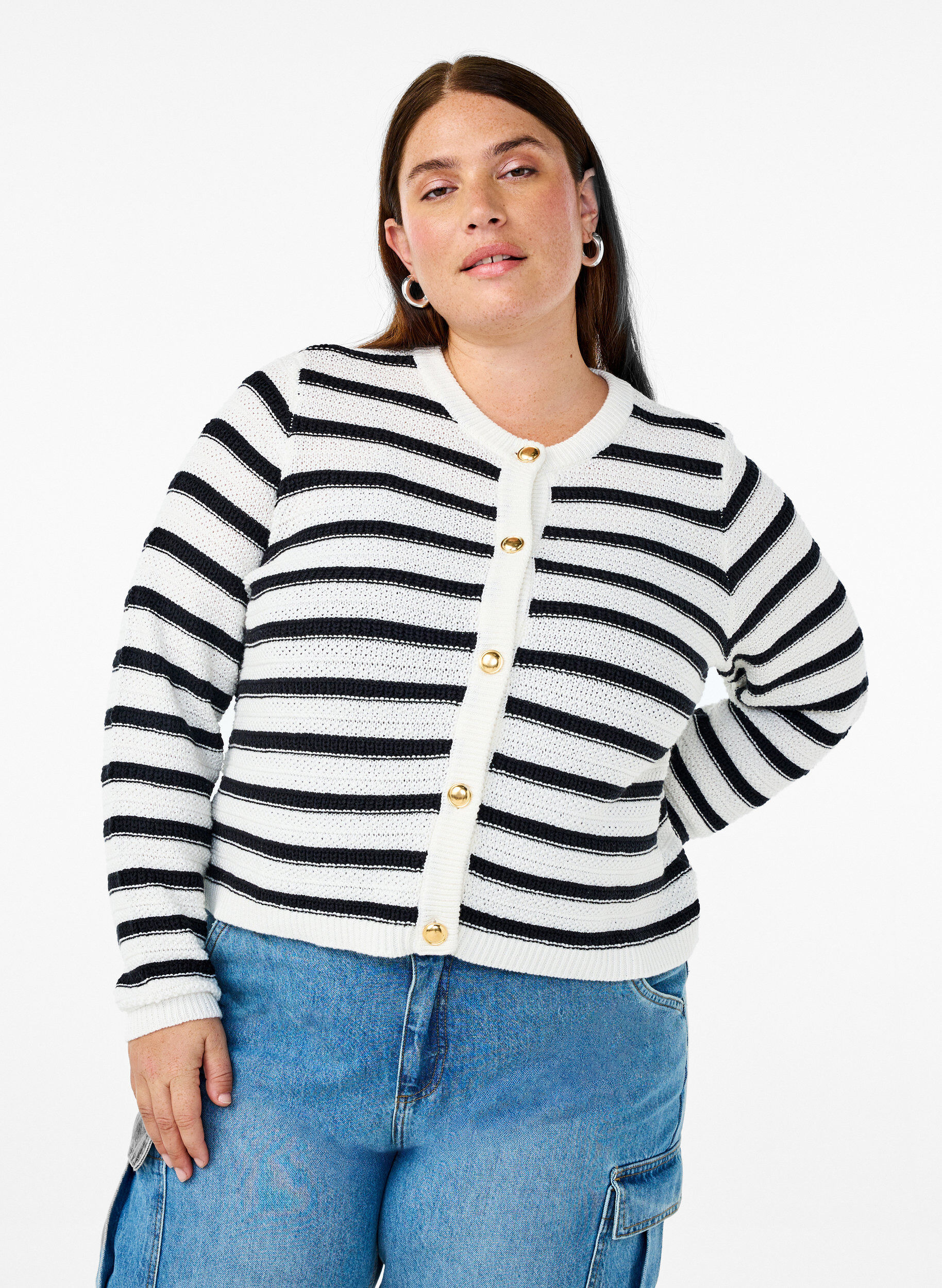 ZizziGestreepte cardigan met gouden knopen in breisel, Cloud D. w. Black, Model image number 0