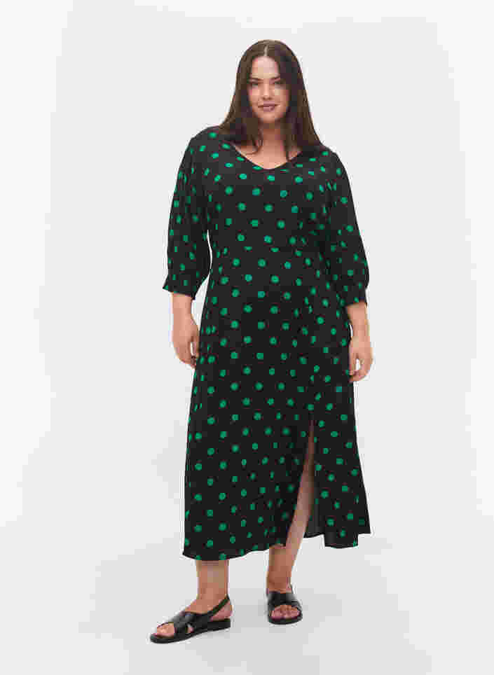 Polka stippen viscose midi jurk, Black Jol Green Dot, Model