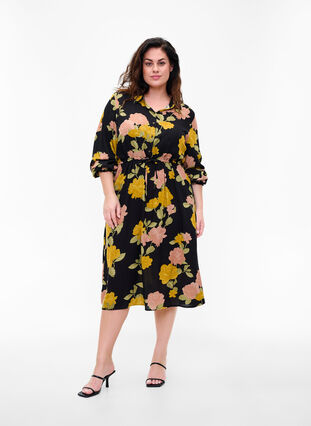 Gebloemde viscose jurk met kant, Scarab Flower, Model image number 0