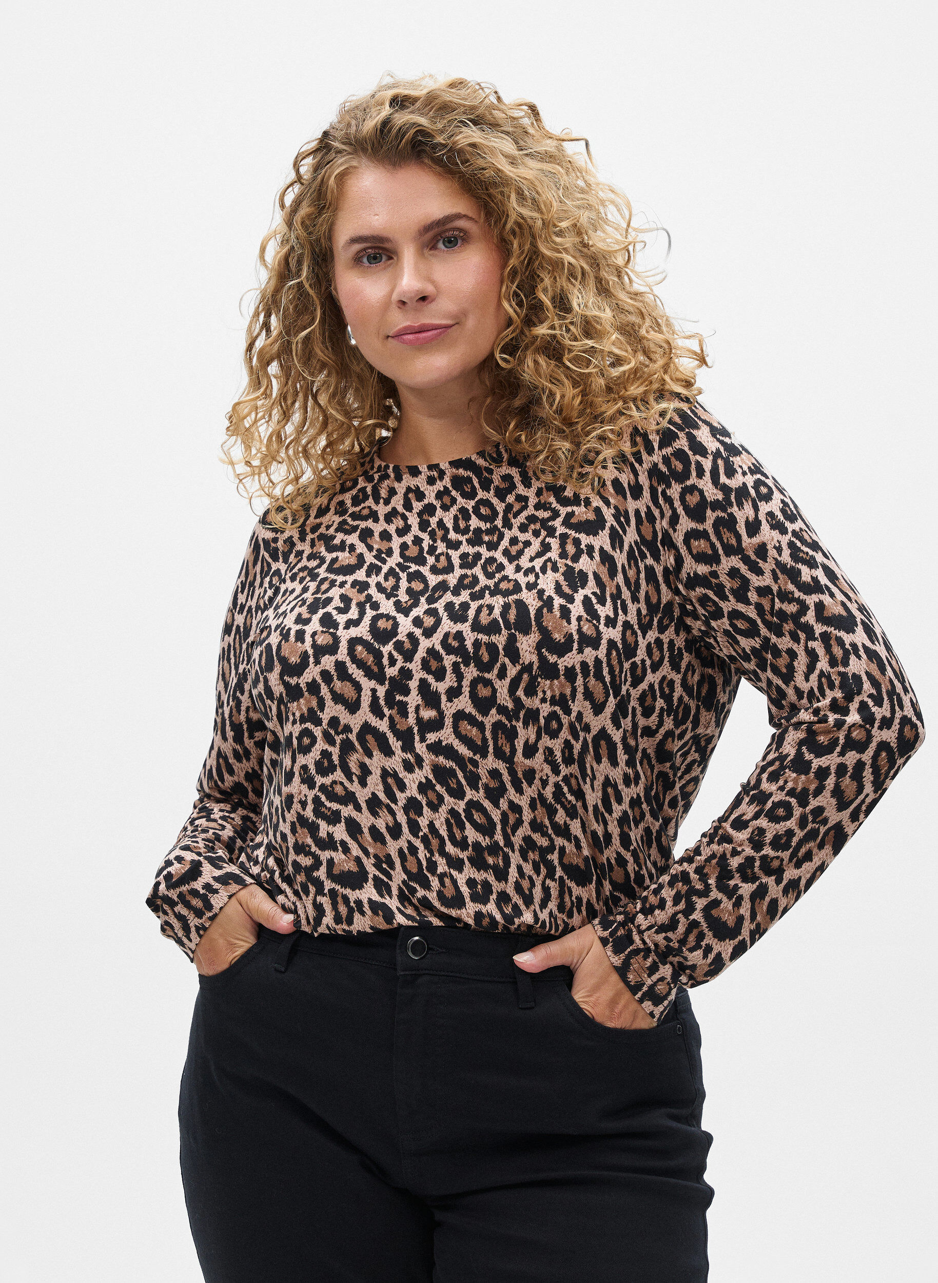 ZizziGestreepte blouse met lange mouwen, Bruin, Model image number 0