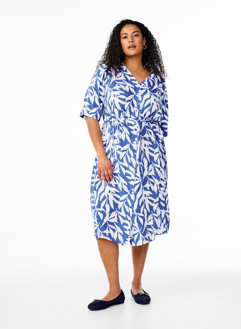 FLASH - Jurk met print en strikceintuur, Blauw, Model image number 1
