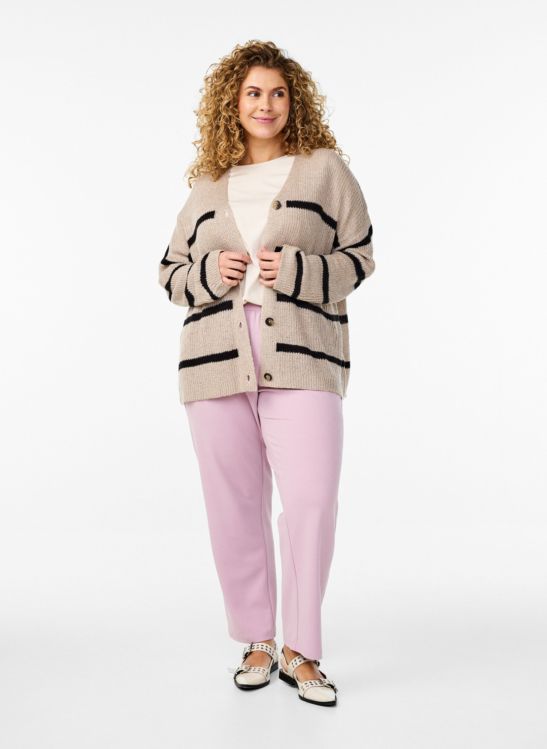 ZizziFLASH - Cardigan met strepen en knopen in breisel, Beige, Model image number 1