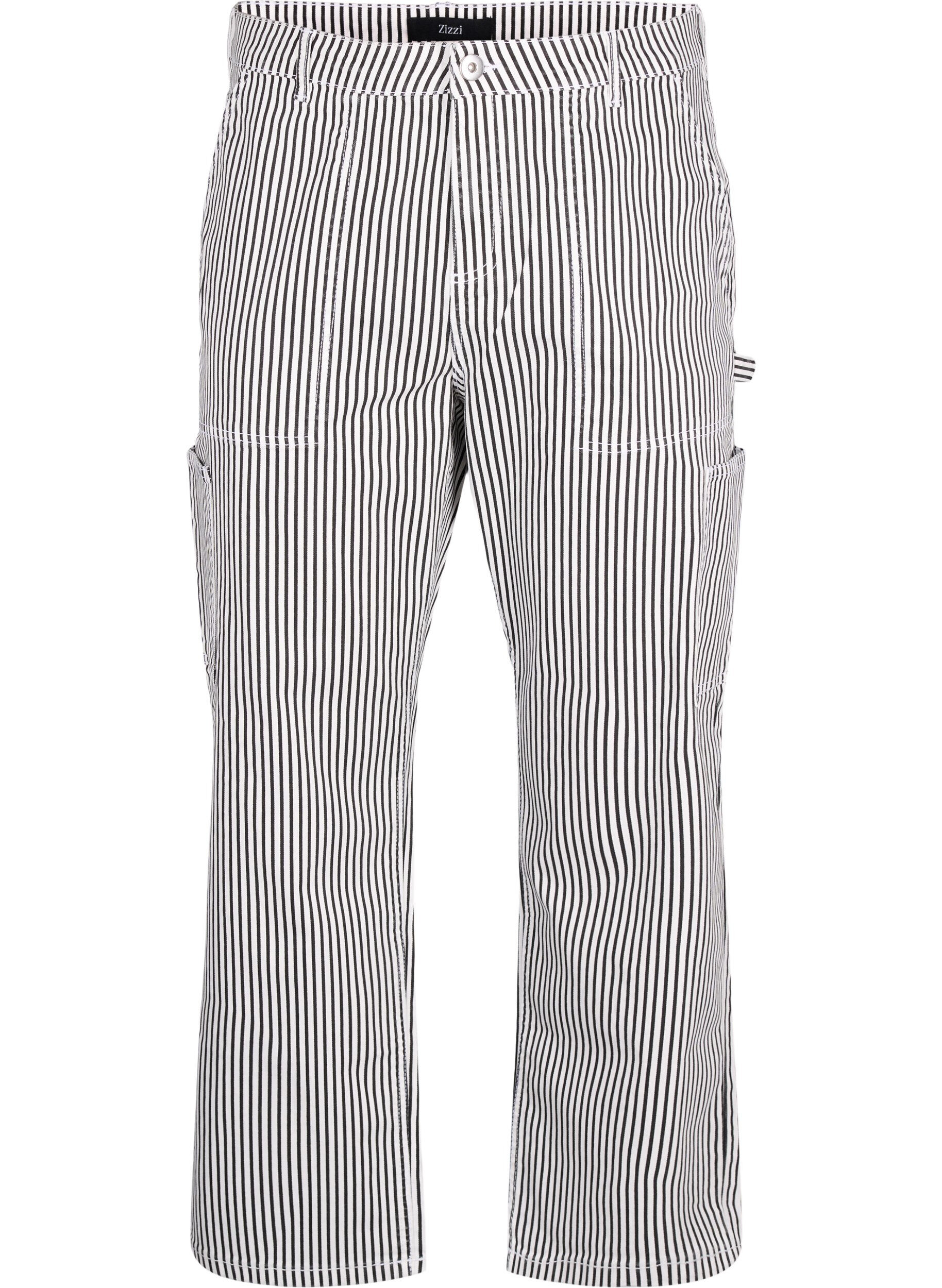ZizziGestreepte cargo jeans met rechte pasvorm, Black White Stripe, Packshot image number 0