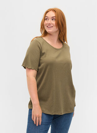 T-shirt met korte mouwen in rib, Dusty Olive, Model image number 0