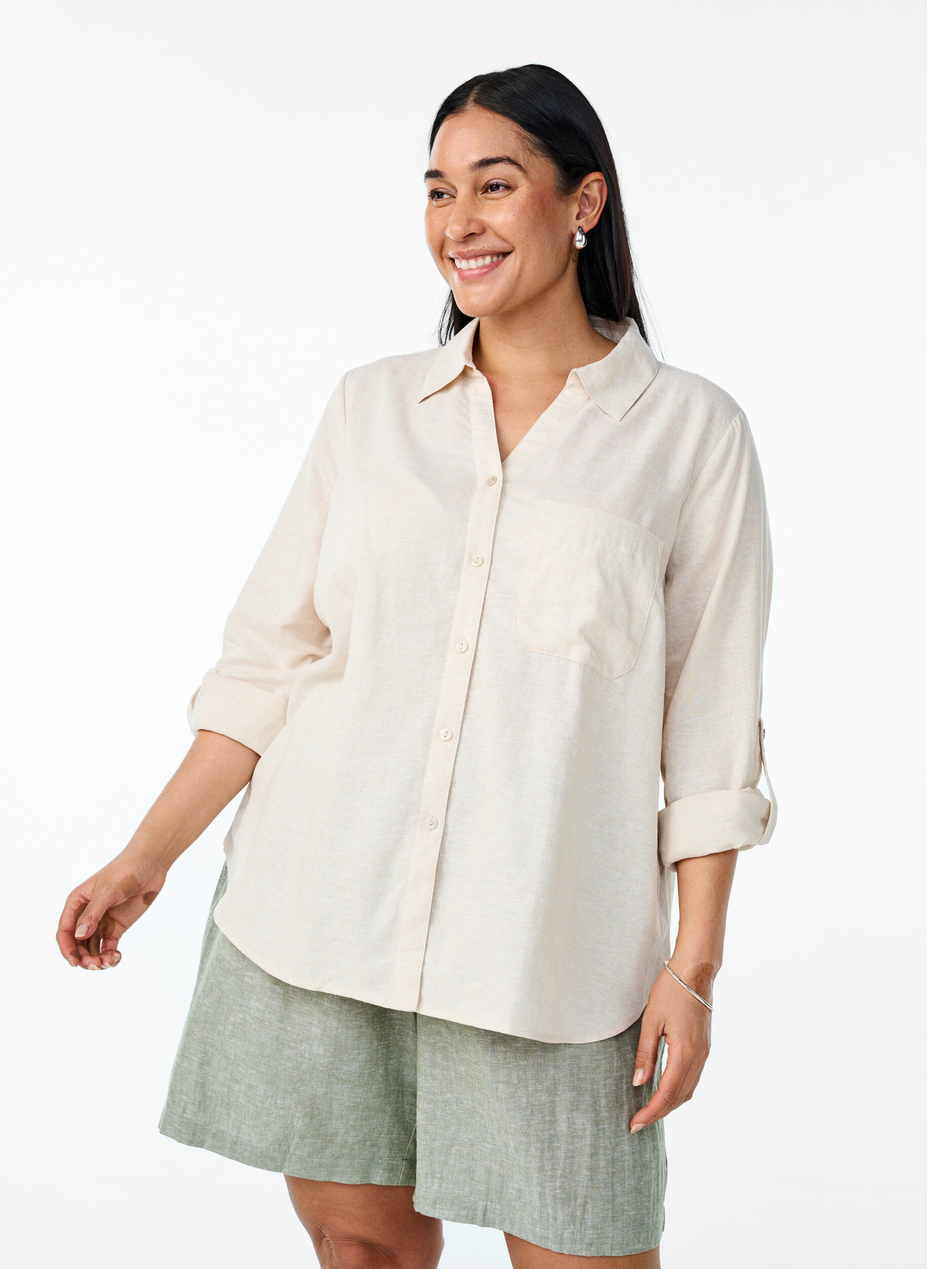ZizziLinnen en viscose shirt met 3/4 mouwen, Beige, Model image number 0