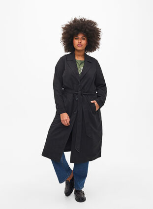 Trench-coat long avec ceinture, Black, Model image number 0