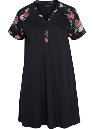 Chemise de nuit en coton à manches courtes avec détails imprimés, Black AOP Flower, Packshot image number 0