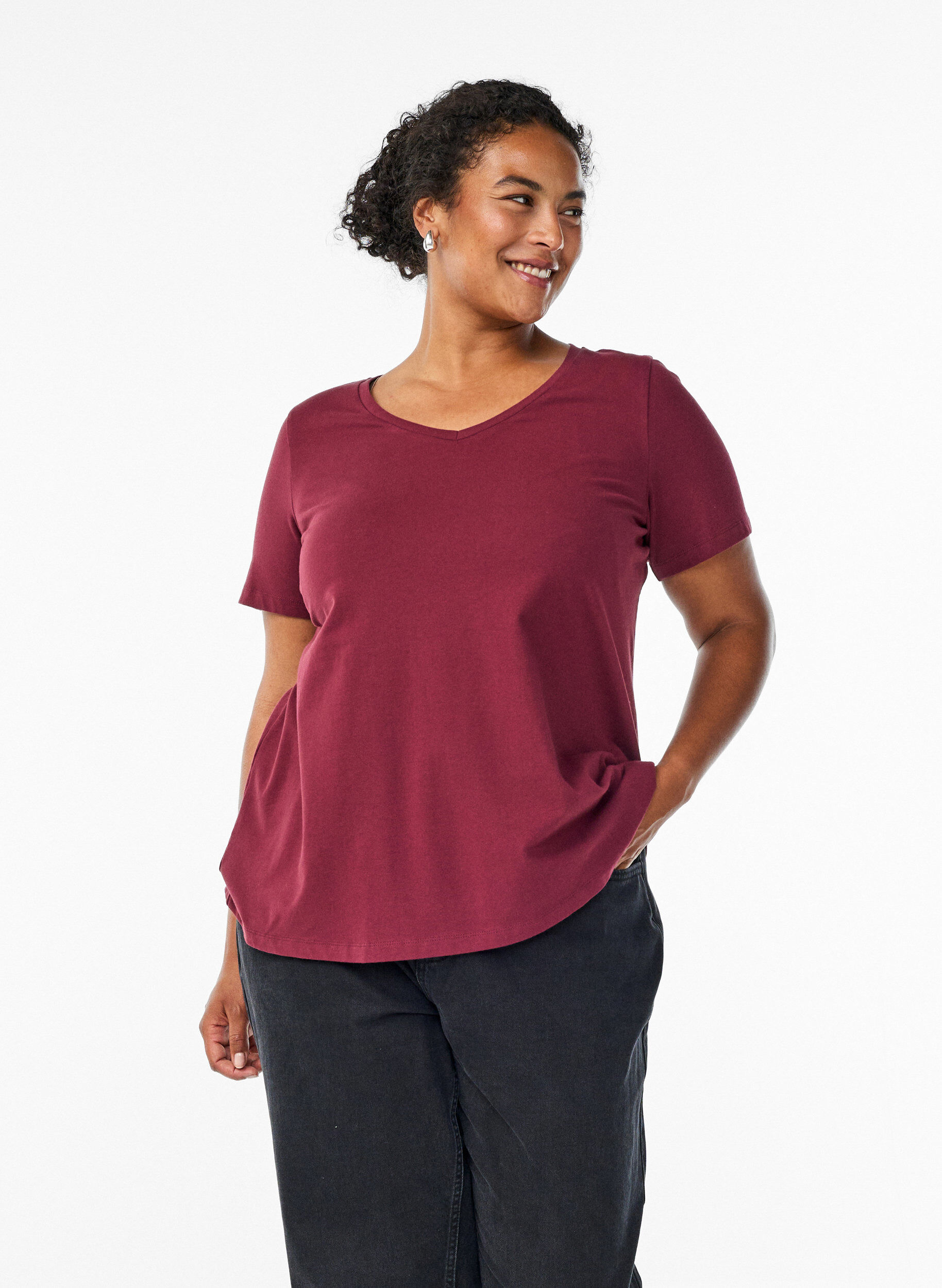 ZizziBasic effen katoenen t-shirt, Donker Bordeaux, Model image number 0