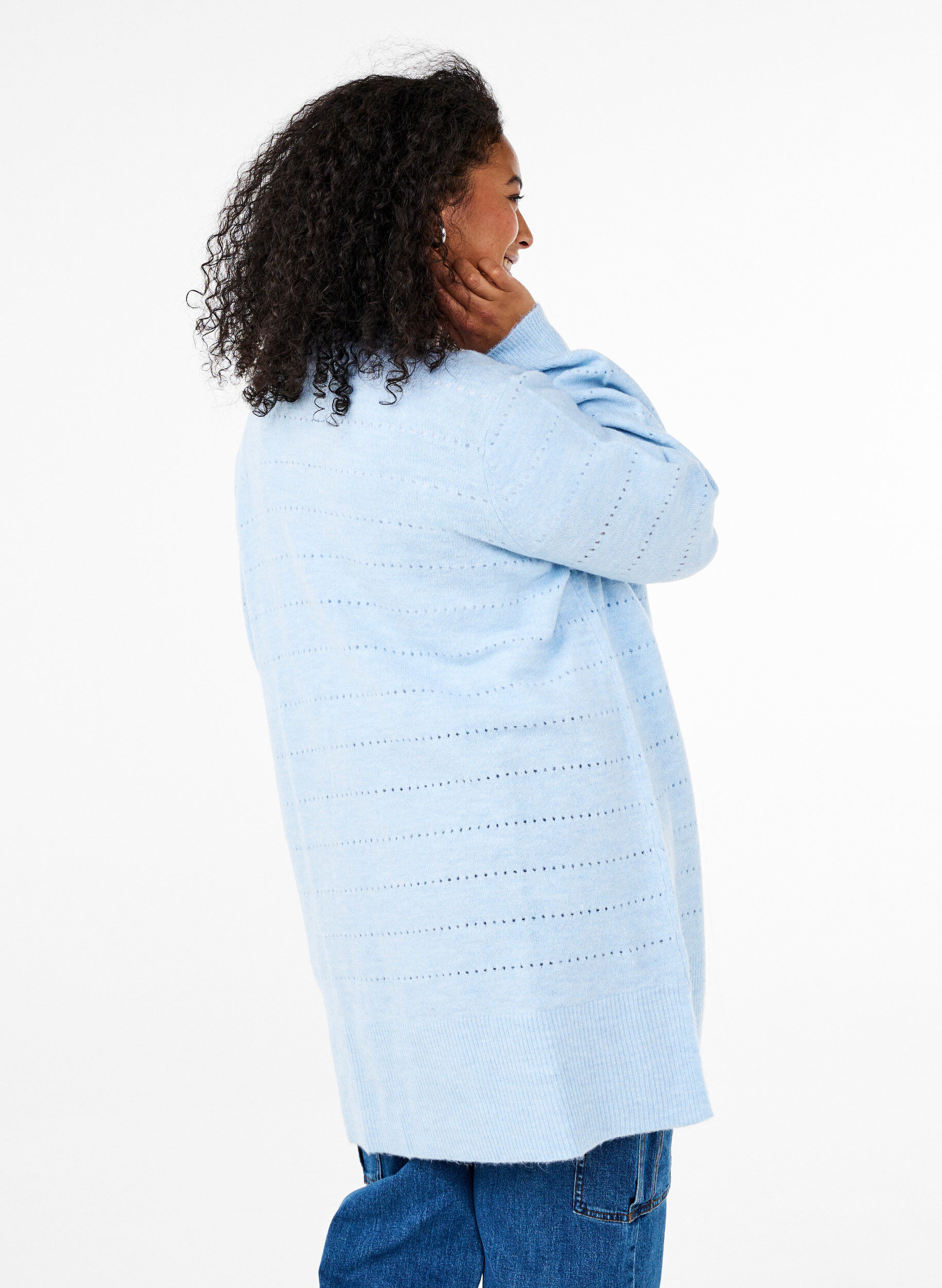 ZizziLange gebreide cardigan met een kantpatroon, Cashmere Blue Mel., Model image number 1