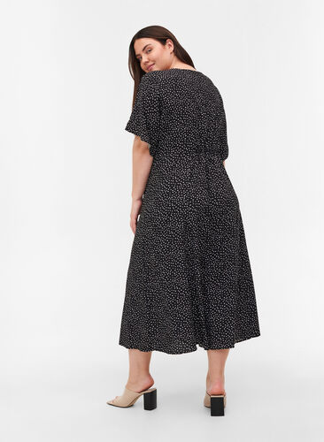 Viscose midi-jurk met stippen en knopen, Black w. Dot, Model image number 1