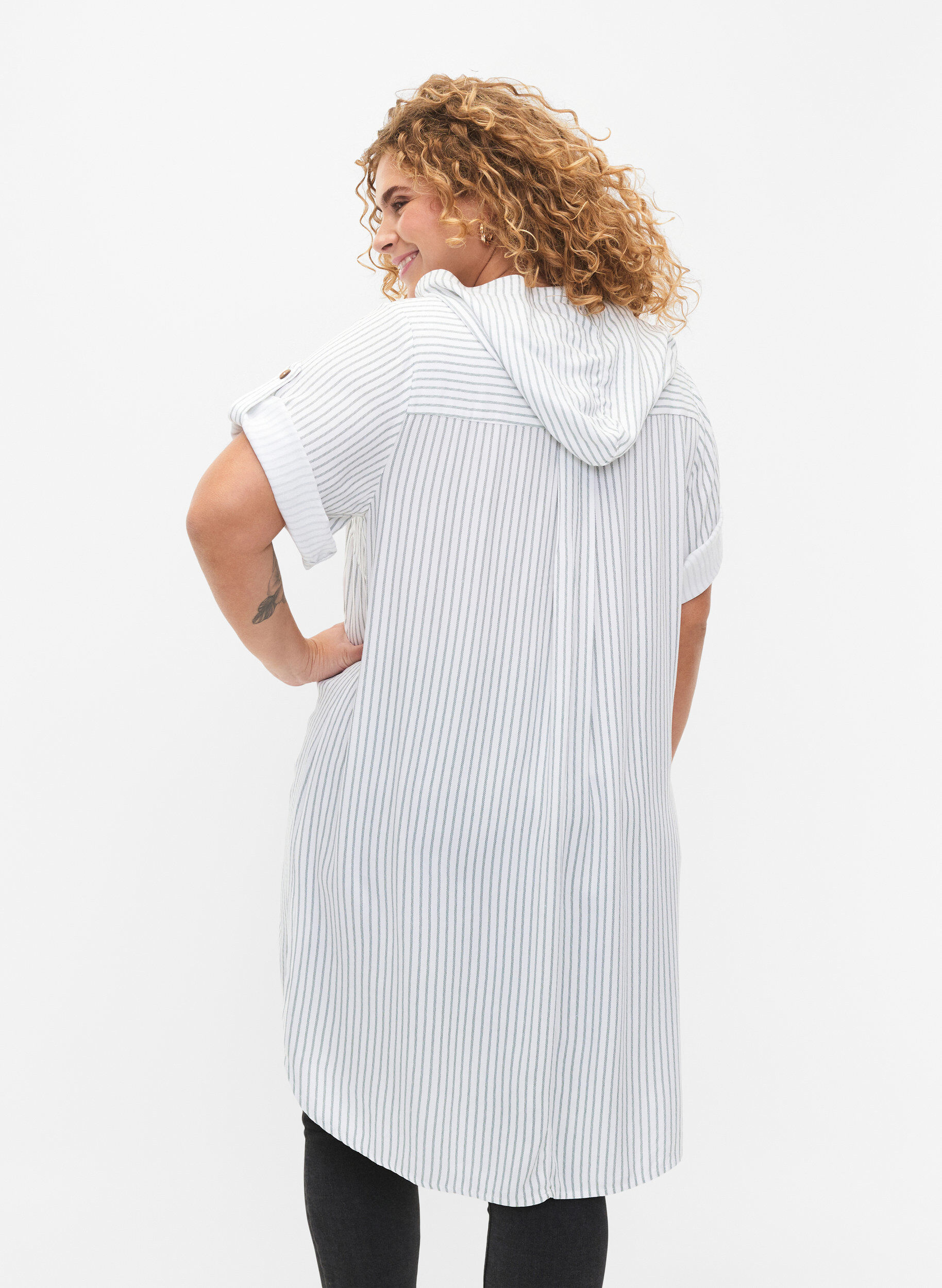 ZizziTuniek van viscose met korte mouwen en capuchon, Chinois Green Stripe, Model image number 1