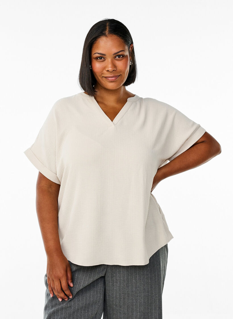 Luchtige blouse met korte mouwen, Beige, Model image number 0
