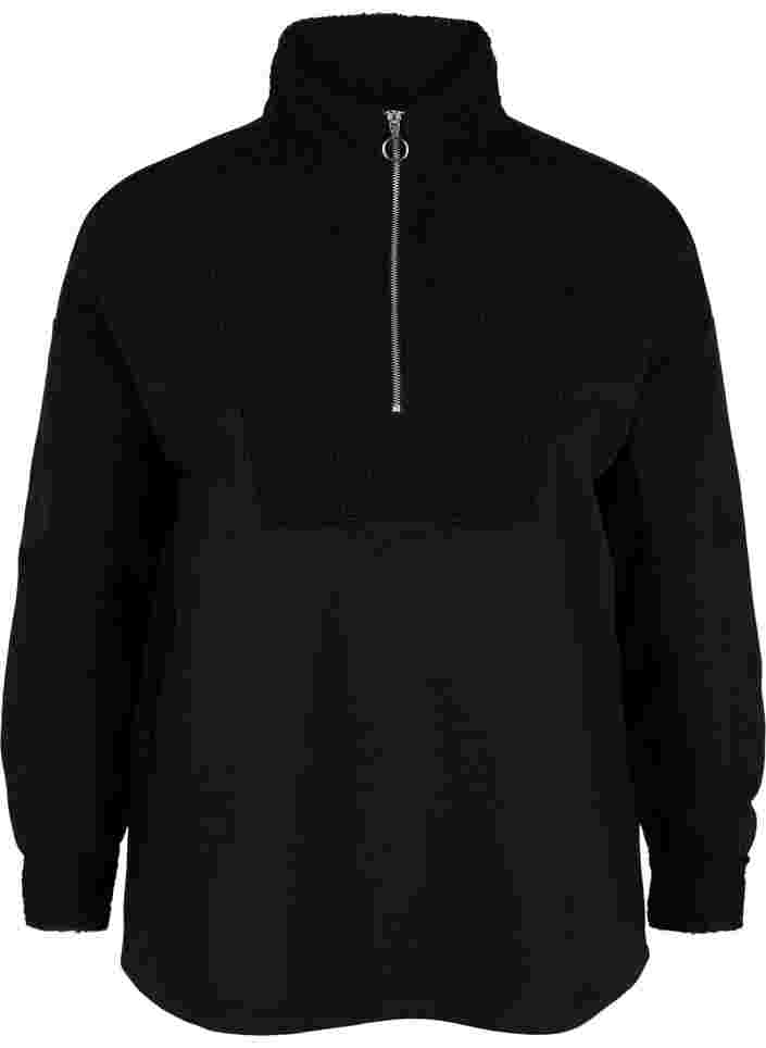 Sweater met hoge hals, teddy stof en ritssluiting, Black, Packshot image number 0