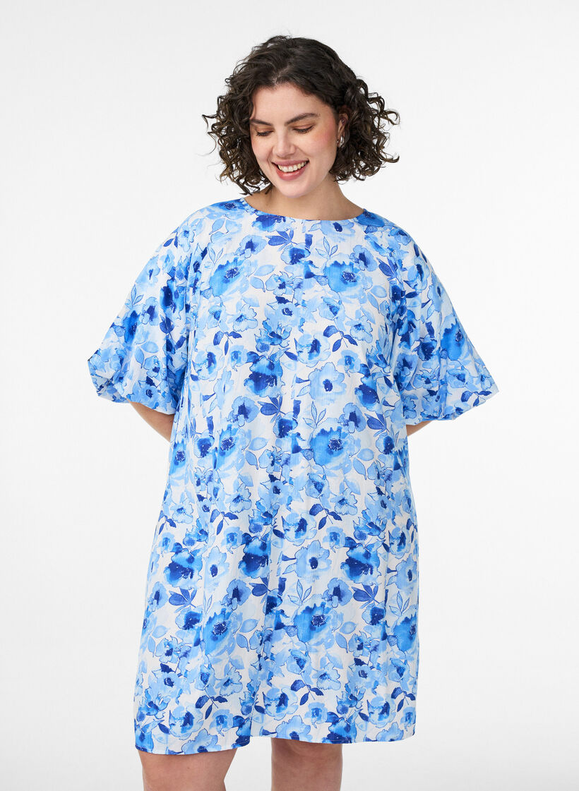 Robe courte en viscose avec manches ballon, Bleu, Model image number 0