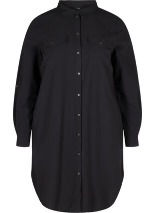Chemise longue en coton avec poches à la poitrine, Black, Packshot image number 0