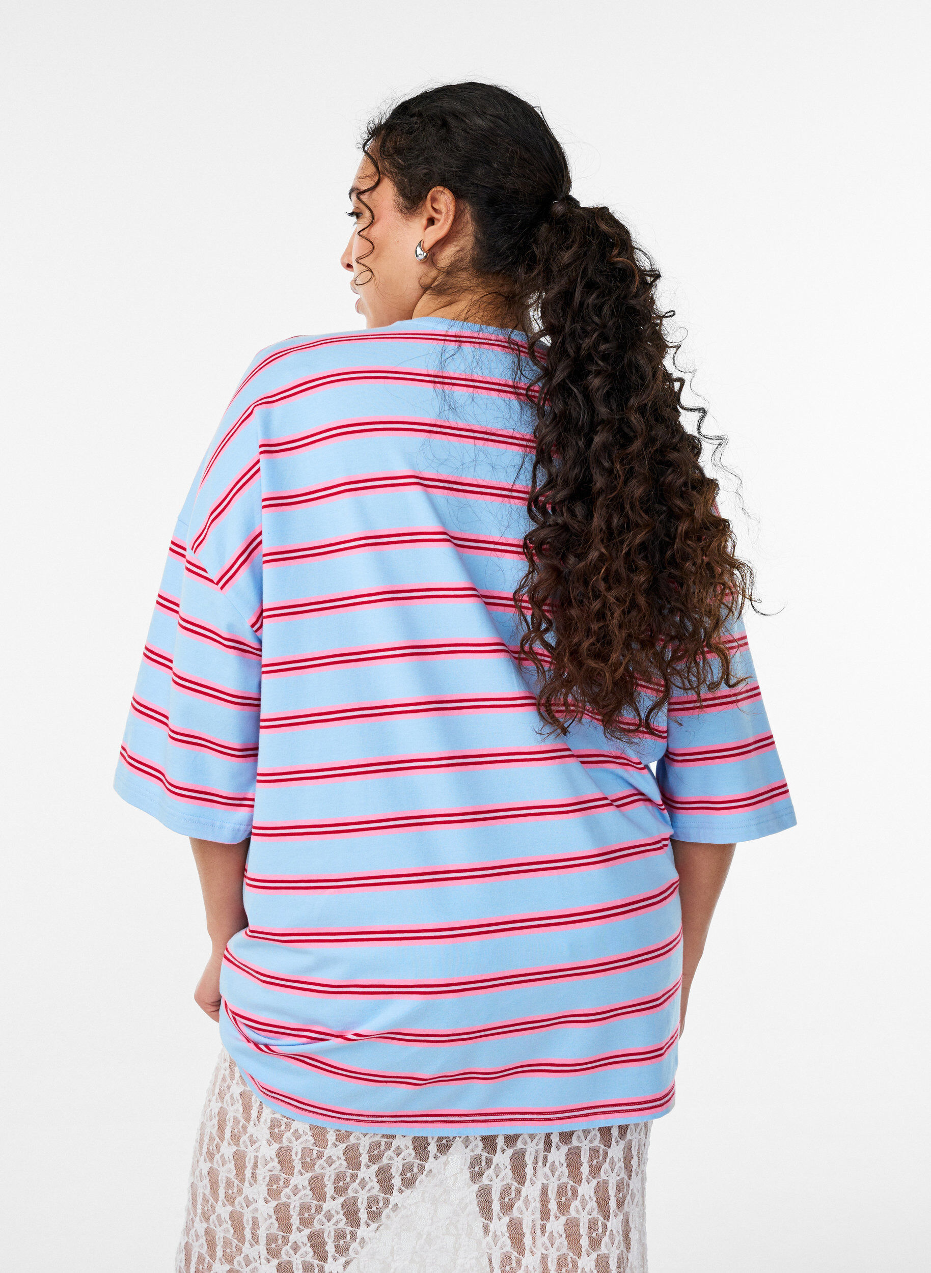 ZizziOversized T-shirt met strepen en 1/2 mouwen, Blauw, Model image number 2
