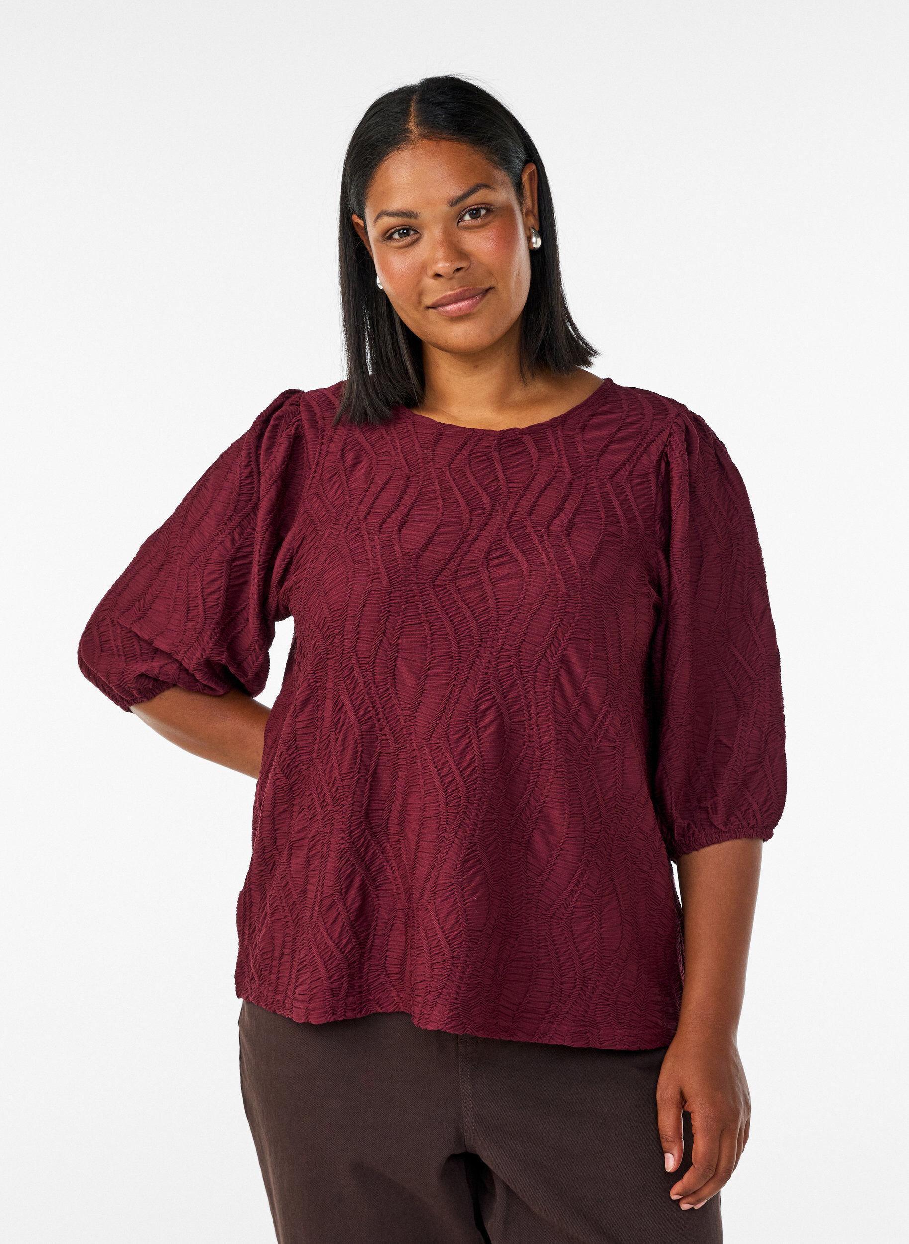 ZizziBlouse met textuur en 3/4 mouwen, Rood, Model image number 0