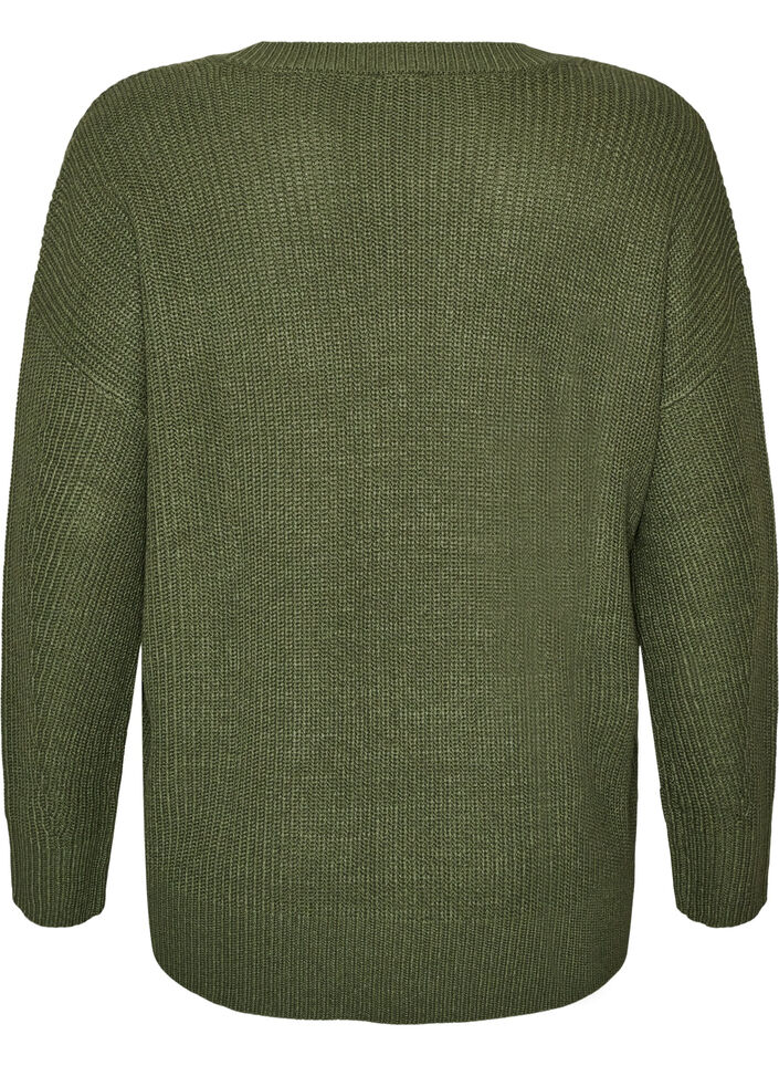 Blouse longue en maille c&ocirc;tel&eacute;e avec col en V, Vert, Packshot image number 1