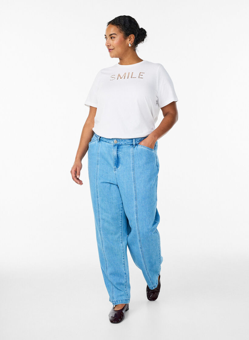 T-shirt en coton avec texte brod&eacute;, Blanc, Model image number 1