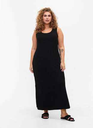 Mouwloze, geribde jurk van viscose, Black, Model image number 0