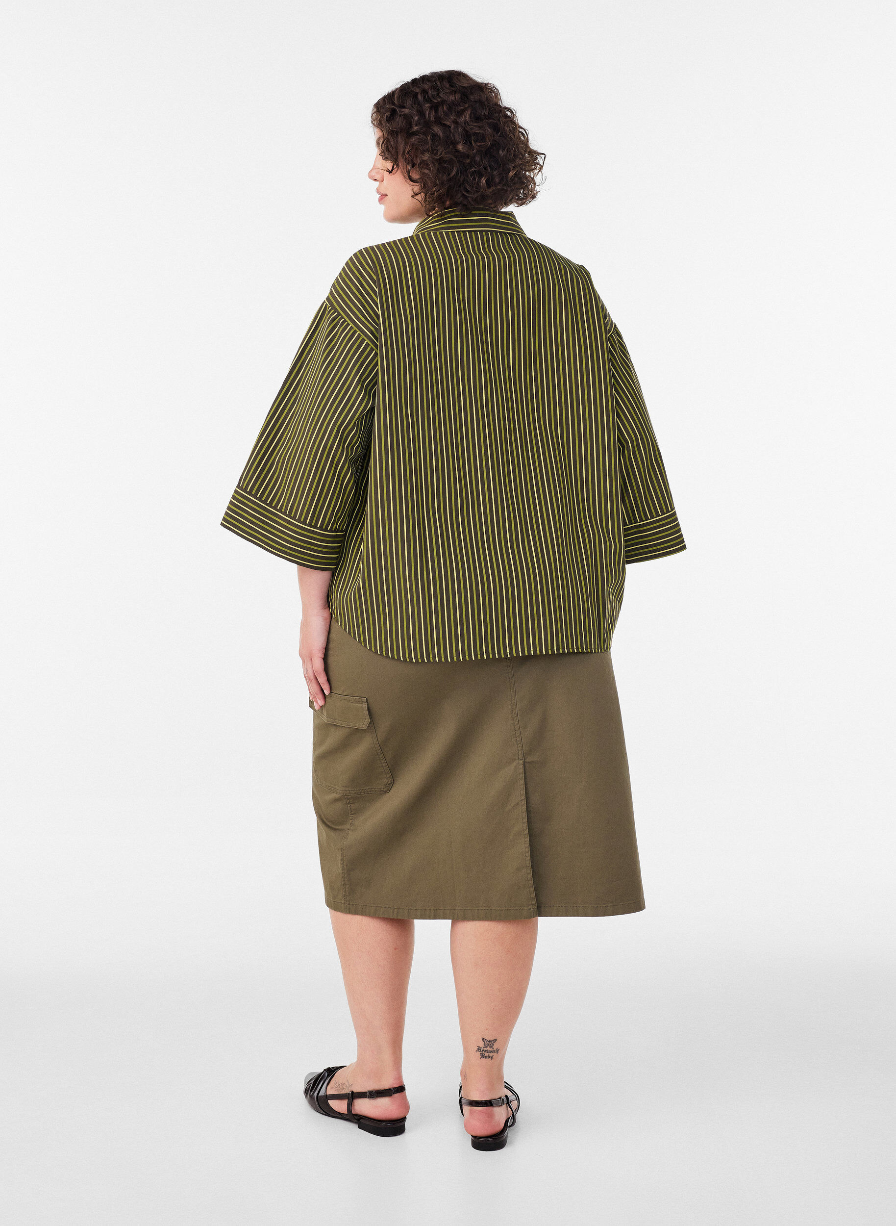 ZizziLosse gestreepte shirt met 3/4 mouwen, Groen, Model image number 2