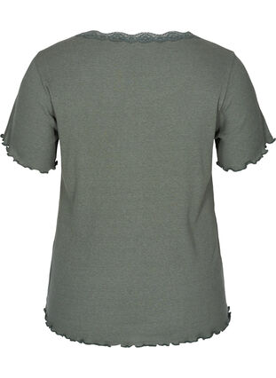 T-shirt côtelé à manches courtes avec bordure en dentelle, Balsam Green, Packshot image number 1