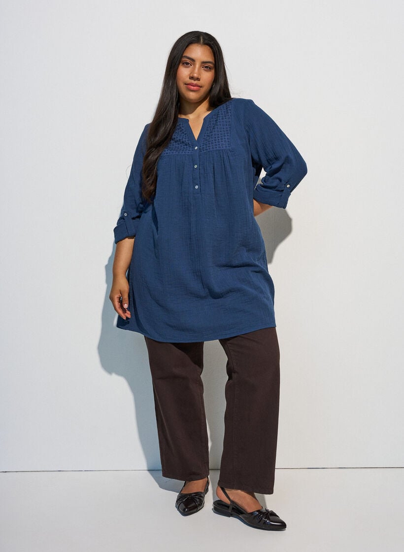 Tunique en mousseline de coton avec broderie anglaise, Bleu, Model image number 1