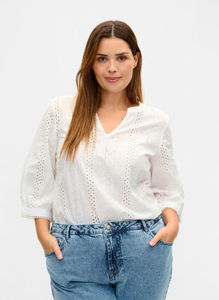 Blouse en coton avec broderie anglaise, Bright White, Model image number 0