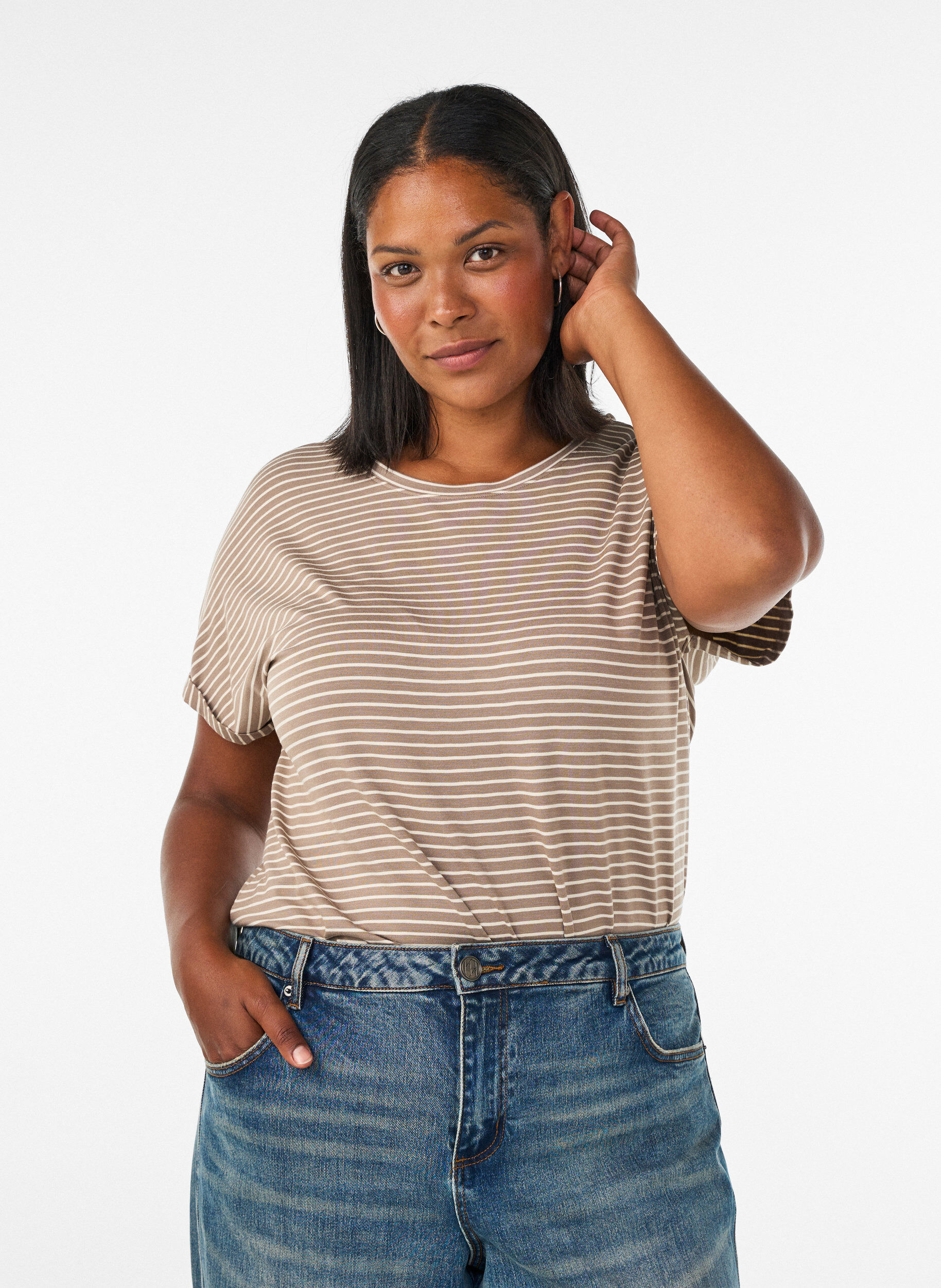 ZizziGestreept T-shirt in viscose met een ronde hals, Beige, Model image number 0