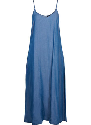 Lange denim jurk met dunne bandjes, Dark blue denim, Packshot image number 0