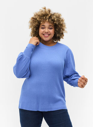 Pull en tricot à manches bouffantes, Ultramarine Mel., Model image number 0