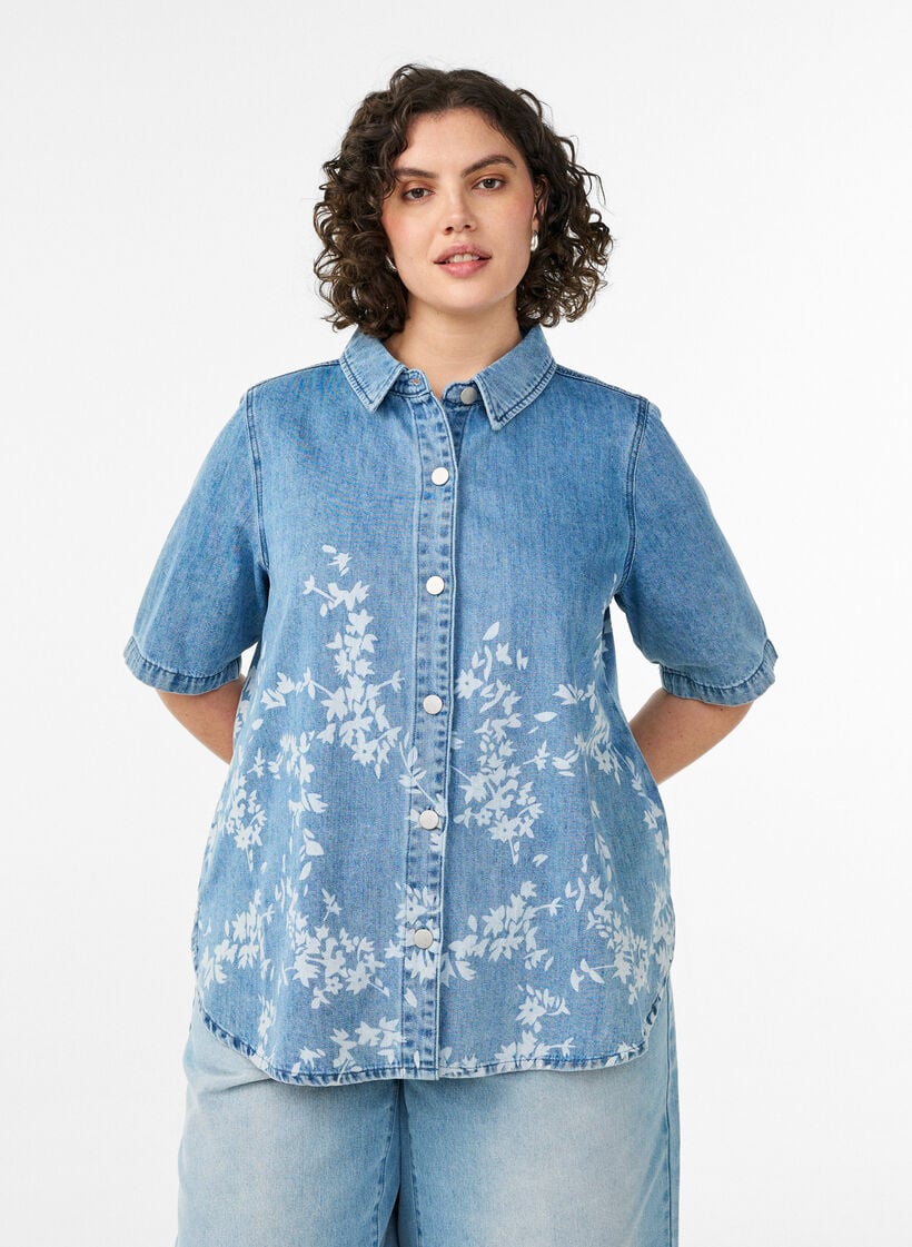 Chemise en jean &agrave; imprim&eacute; floral et manches courtes, Bleu Clair, Model image number 0