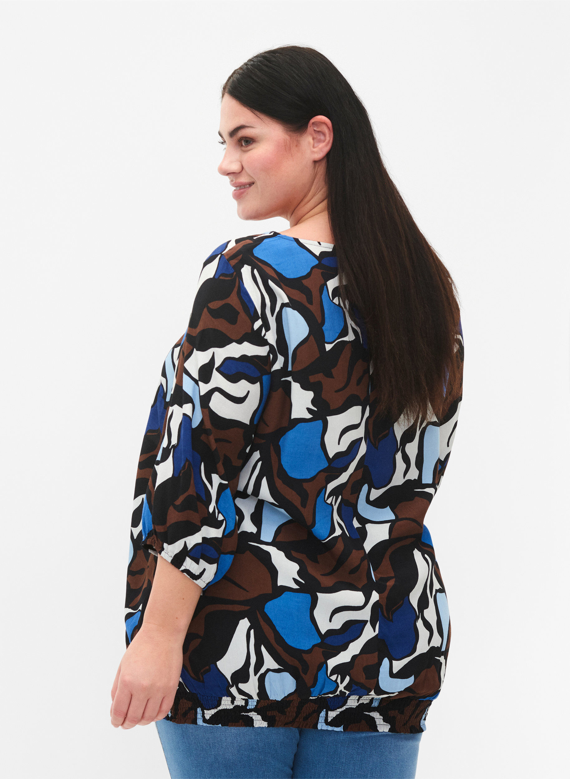ZizziViscose blouse met print en smockwerk, Zafia AOP, Model image number 1