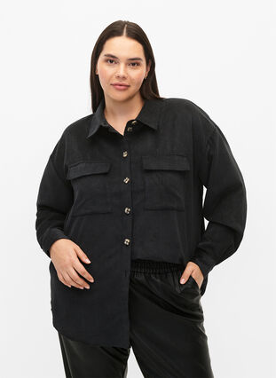 Chemise en velours à manches longues avec poches sur la poitrine, Black, Model image number 0