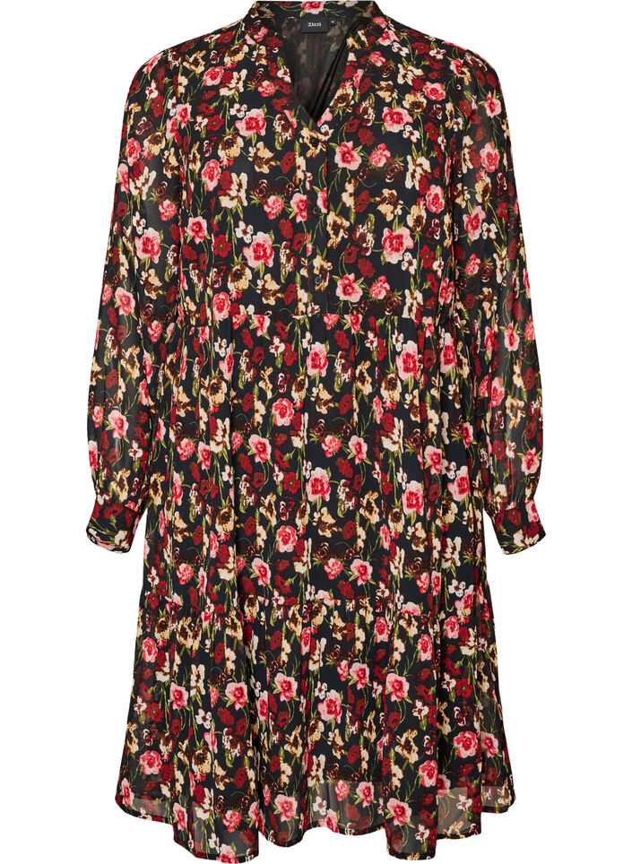 Robe &agrave; imprim&eacute; int&eacute;gral et volant superpos&eacute;, Noir, Packshot image number 0