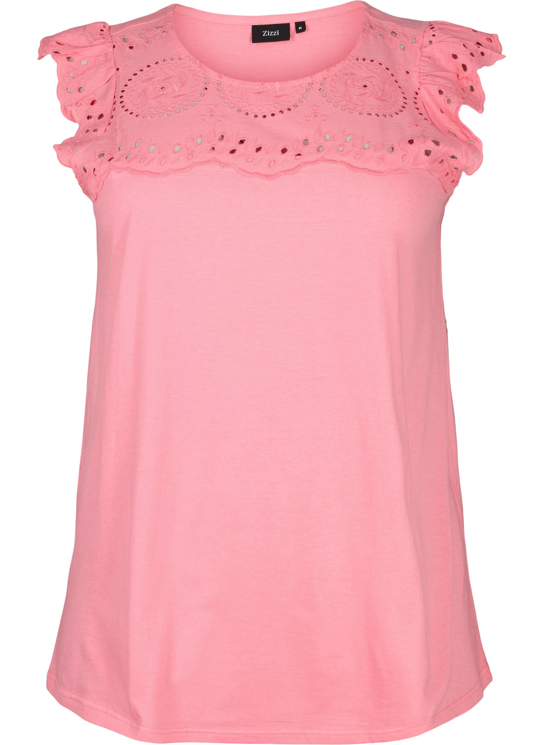 ZizziT-shirt van biologisch katoen met broderie anglaise, Strawberry Pink , Packshot image number 0