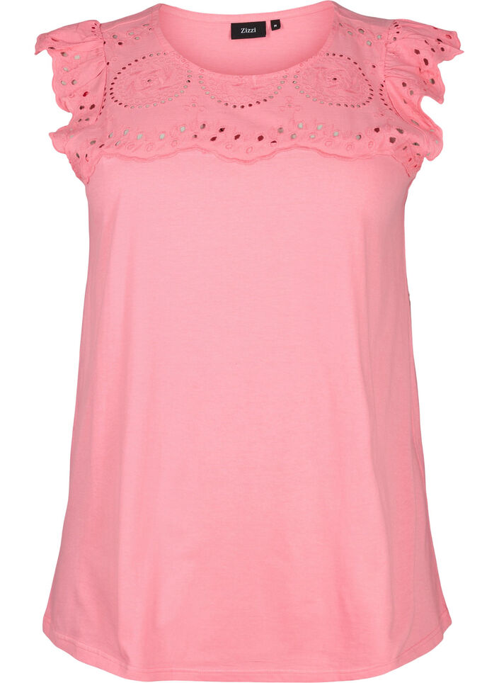 T-shirt van biologisch katoen met broderie anglaise, Strawberry Pink , Packshot image number 0