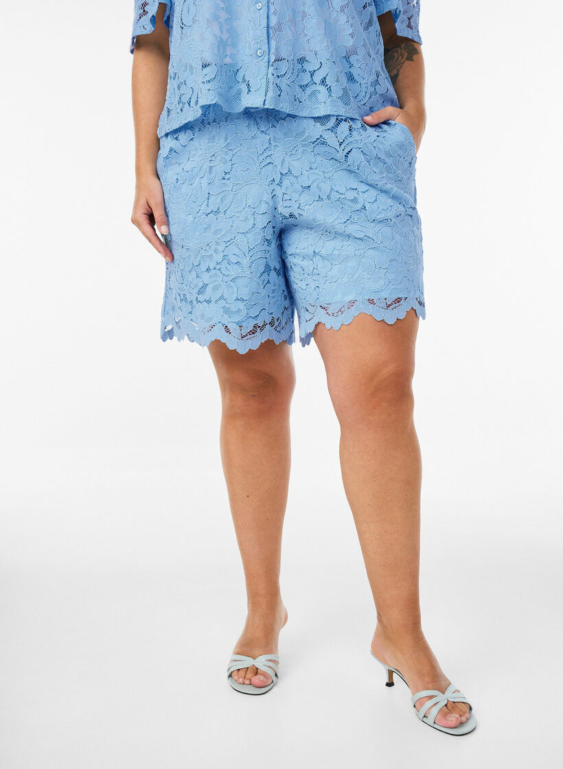 Kanten blouse met korte mouwen en V-hals, Blauw, Model image number 3