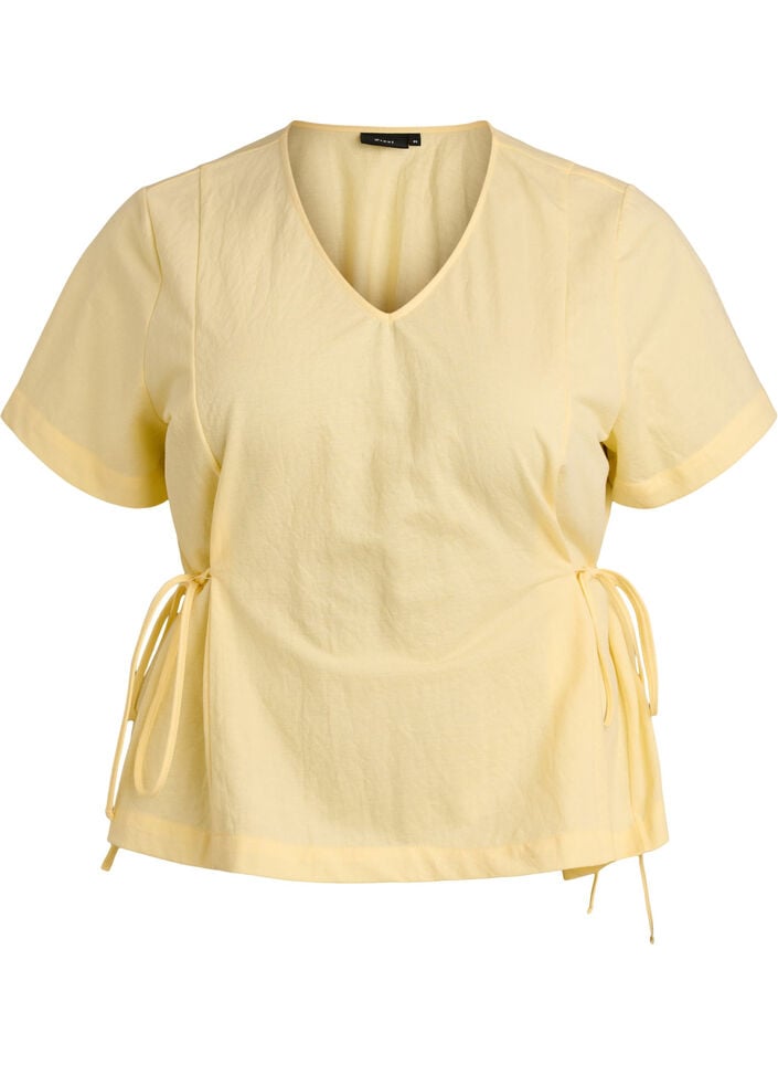 Blouse in een katoenmix met V-hals en striklint, Geel, Packshot image number 0