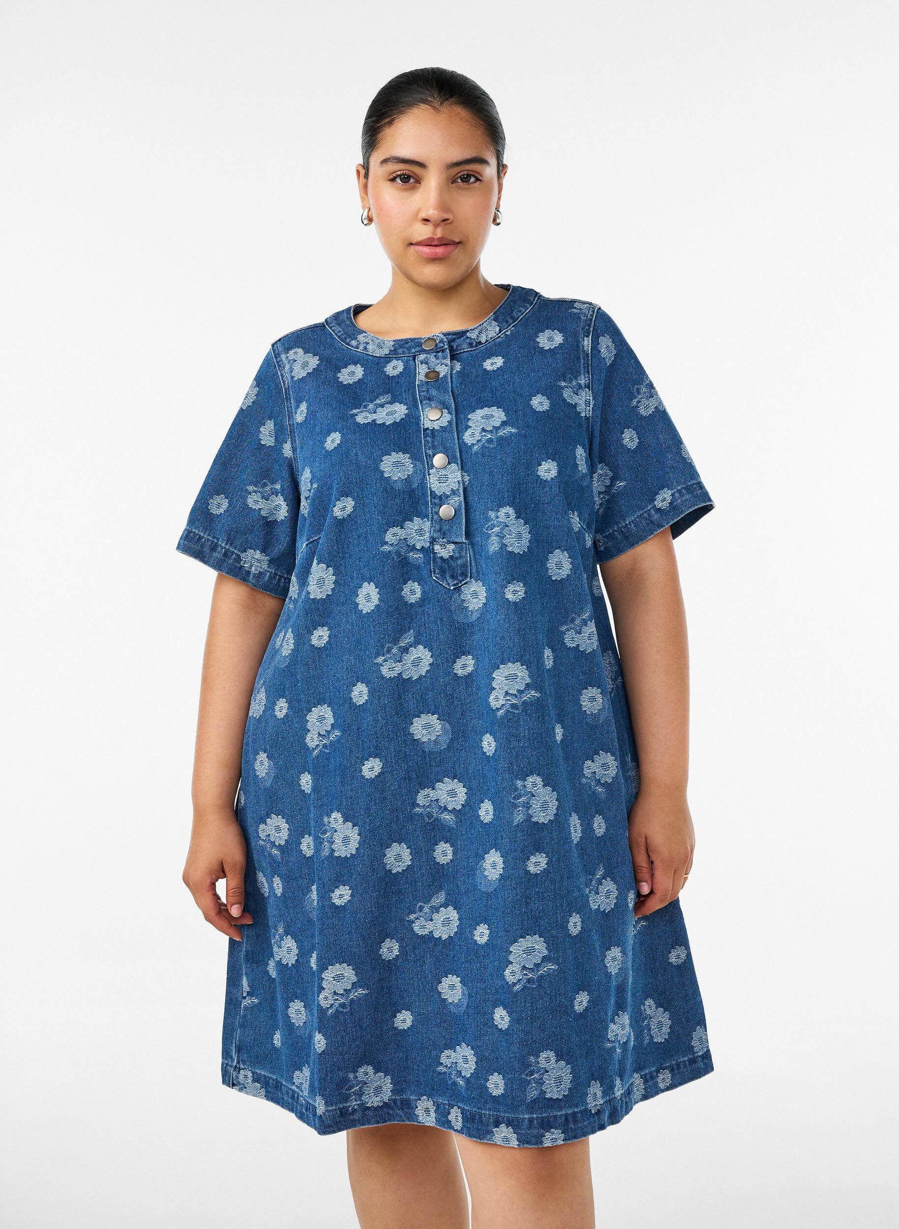 ZizziA-lijn denimjurk met bloemenpatroon, Blauw, Model image number 0