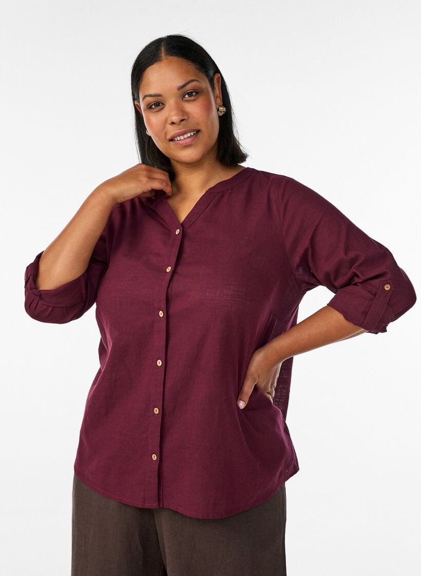 Katoenen blouse met een V-hals, Rood, Model image number 0
