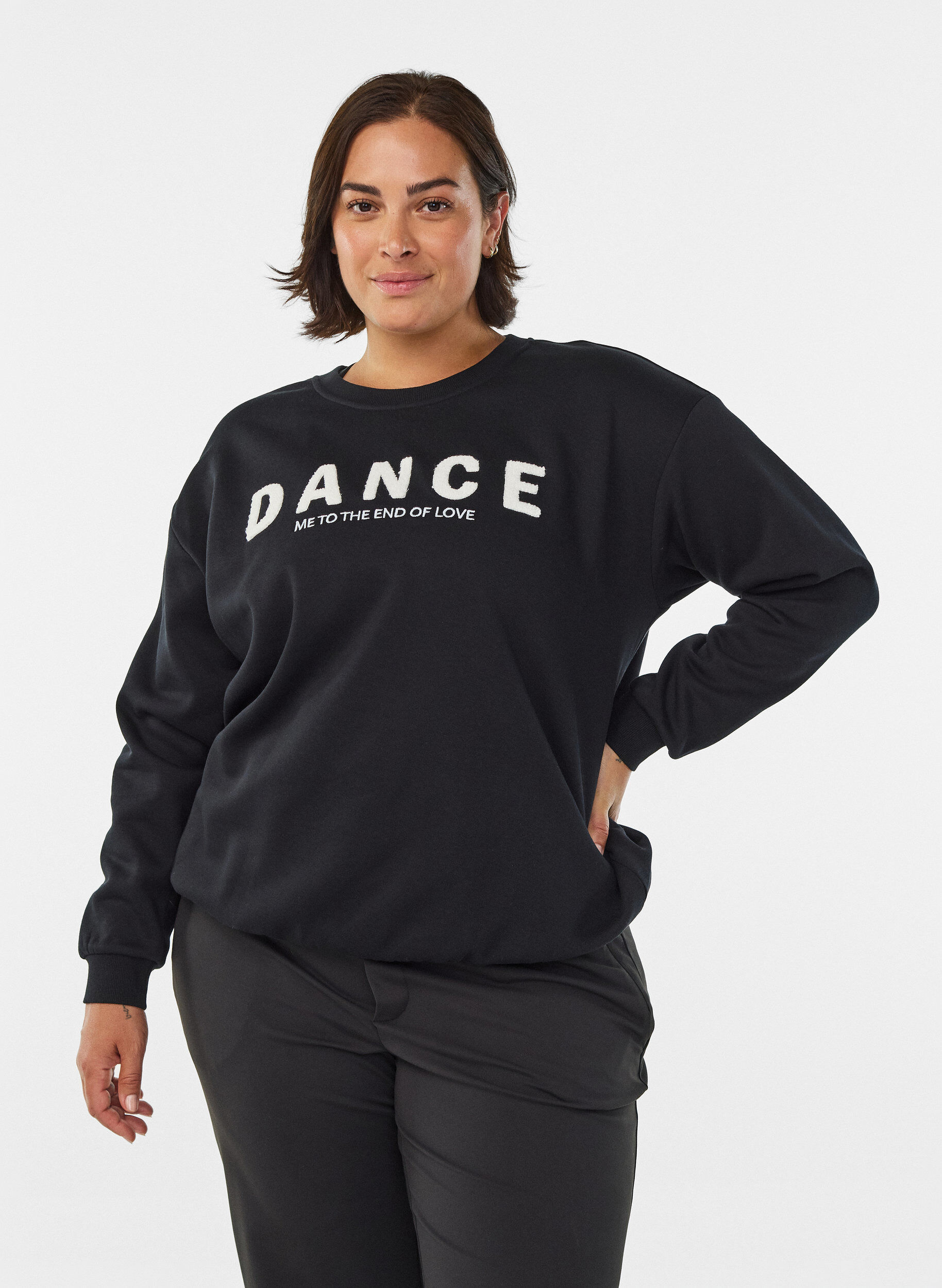 Sweatshirt met badstof tekst, Zwart, Model
