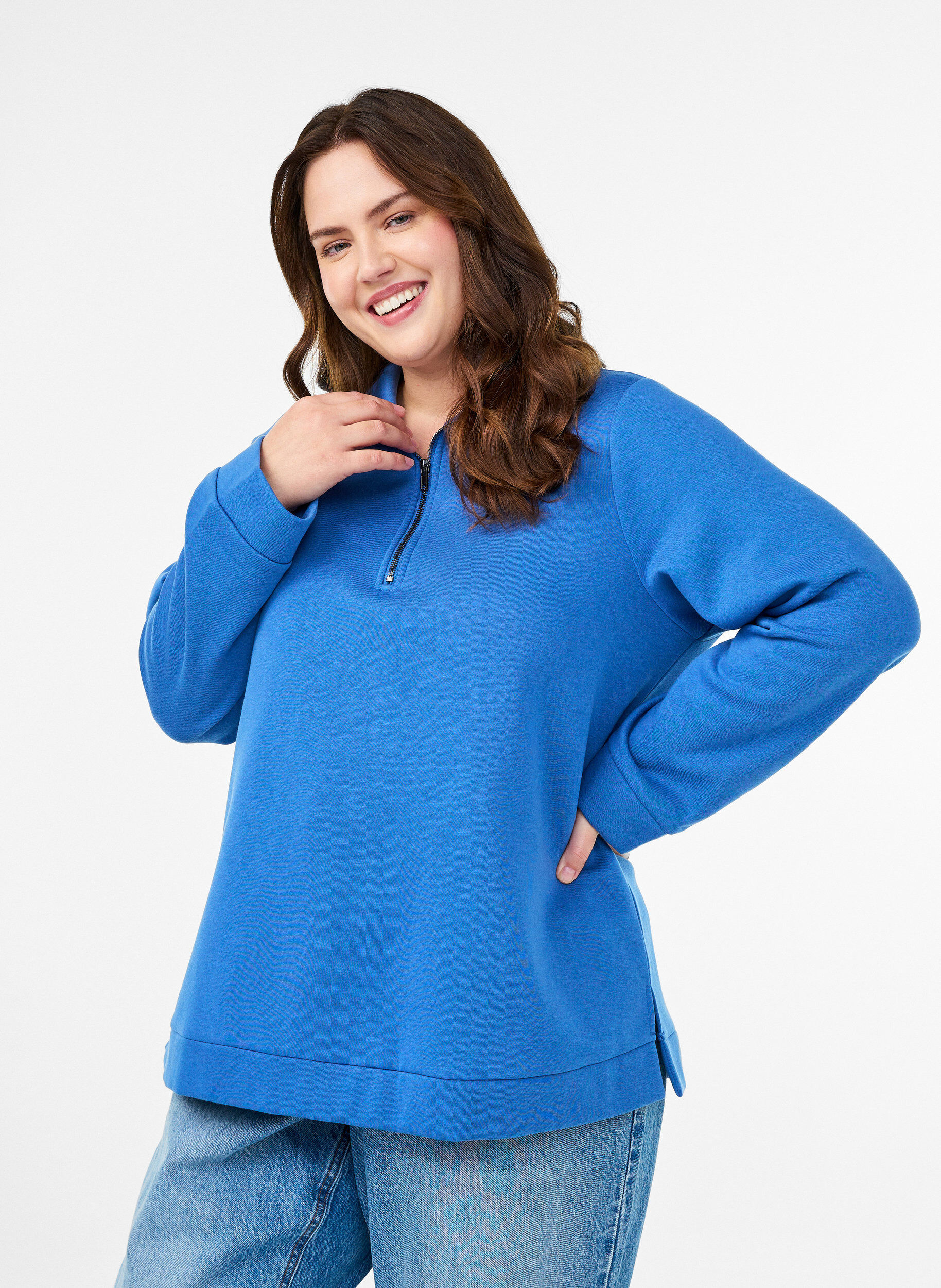 Sweatshirt met hoge hals en ritssluiting, Blauw, Model
