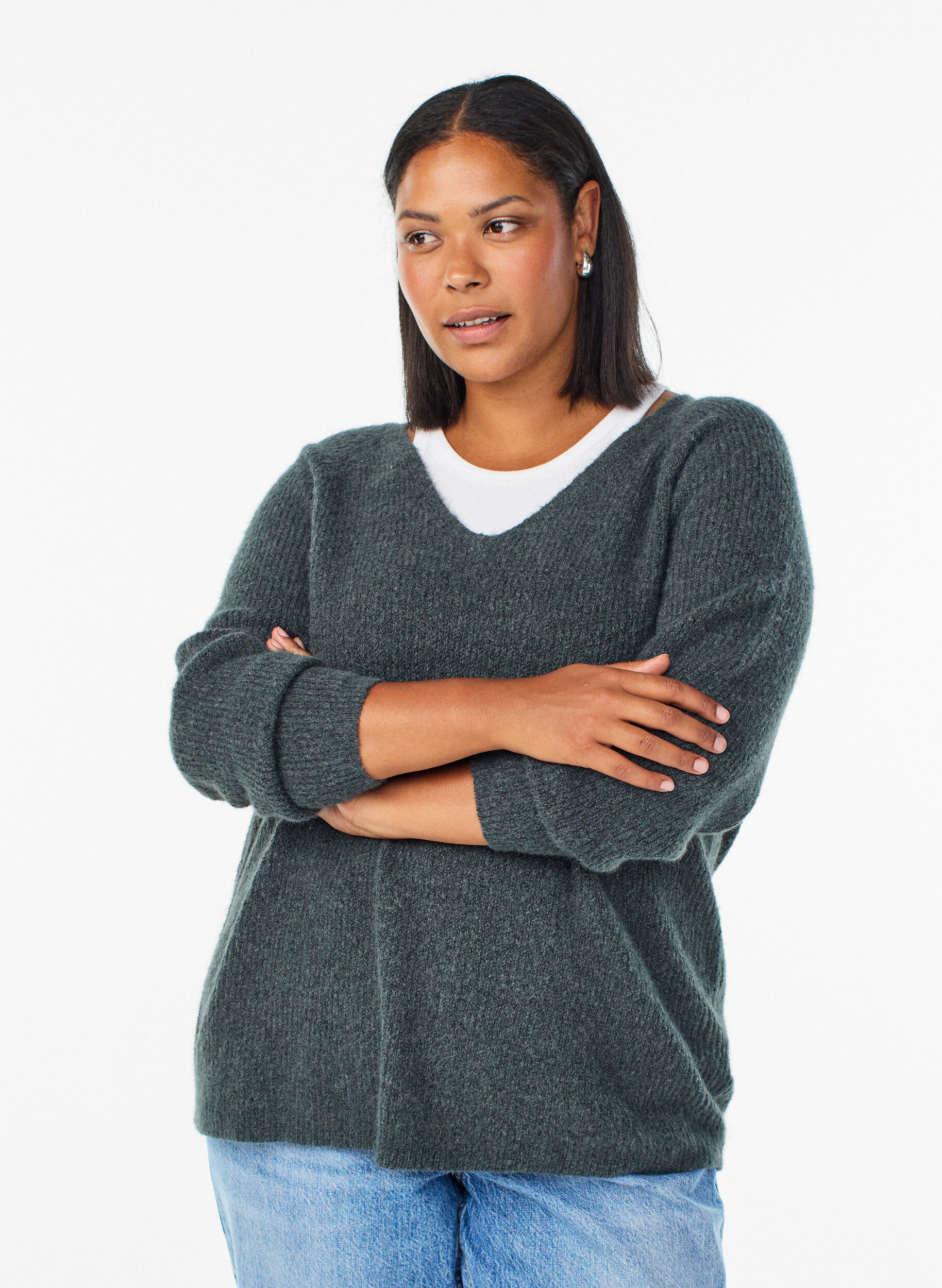 ZizziBlouse en maille &agrave; col V et manches raglan, Vert fonc&eacute;, Model image number 0