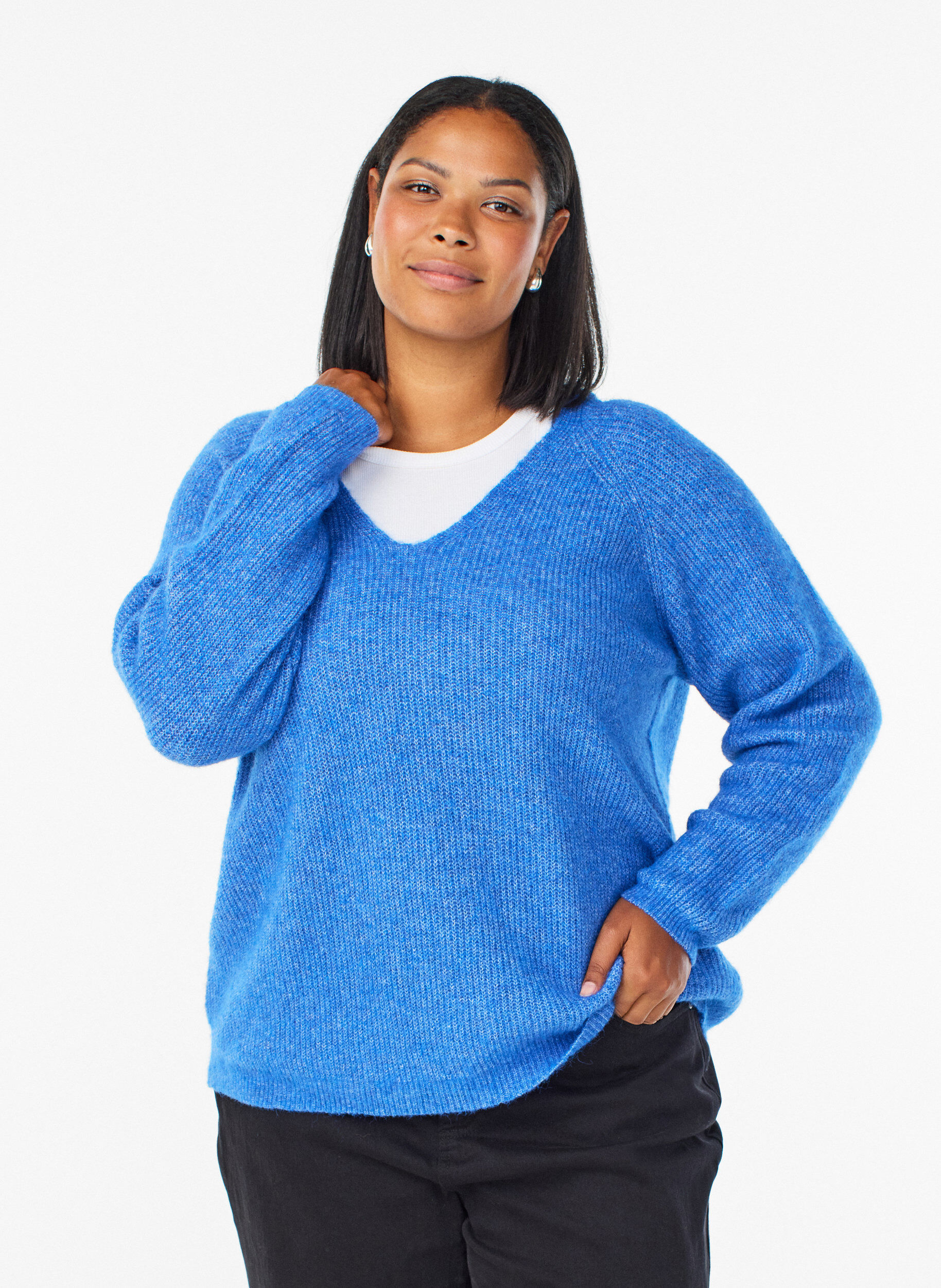 Blouse en maille &agrave; col V et manches raglan, Bleu, Model